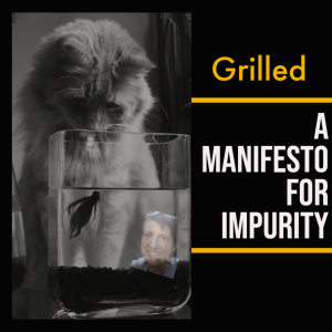cat looking at a fish in a bowl and title Grilled